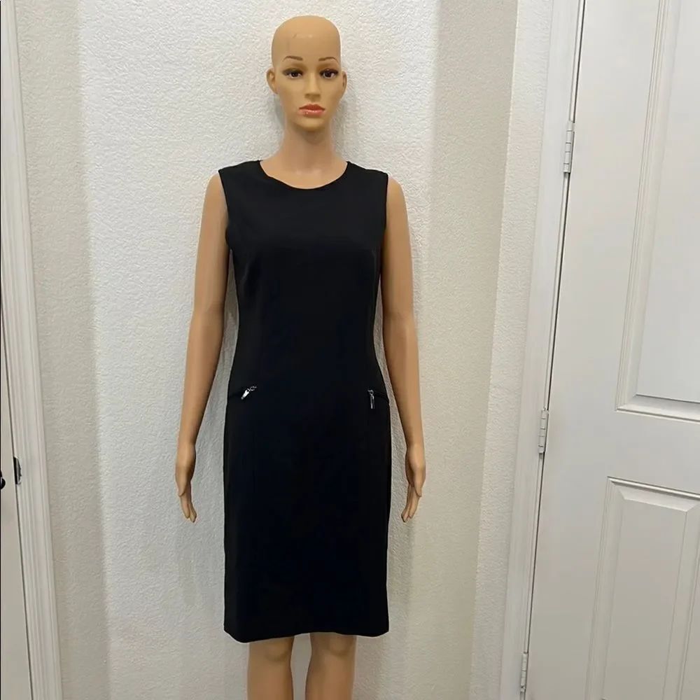 LOFT Ann Taylor Black Sheath Midi Dress Sleeveless Crew Neck Sz 6 Zipper Pockets
